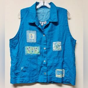 Onque Casuals 100% Linen Top Women’s XL Patchwork Sleeveless Button Front